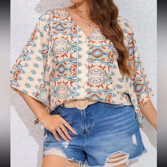 Boho Plus Size Floral Paisley Print Batwing Sleeve Top Blouse Shirt - Picture 3 of 6